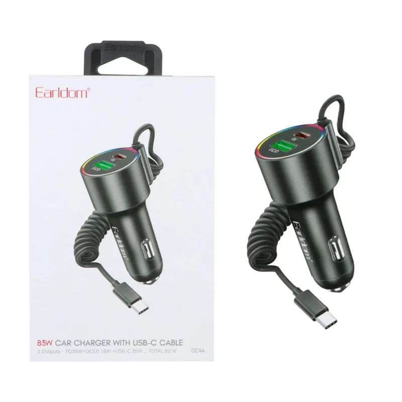 شارژر فندکی PD و فست دو پورت Earldom مدل CC44 83W - مشکی(کابل رابط متصل Type-c) - تصویر 2