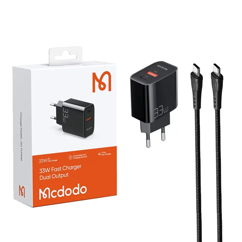 شارژر دیواری PD و فست شارژ دو پورت Mcdodo مدل CH-092 33W به همراه کابل شارژ Type-C To Type-C - مشکی (گارانتی متین) - تصویر 2