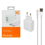 شارژر دیواری فست دو پورت Mcdodo مدل CH-3970 12W به همراه کابل شارژ آیفون - سفید (گارانتی متین)
