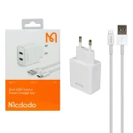 شارژر دیواری فست دو پورت Mcdodo مدل CH-3971 12W به همراه کابل شارژ اندروید - سفید (گارانتی متین)