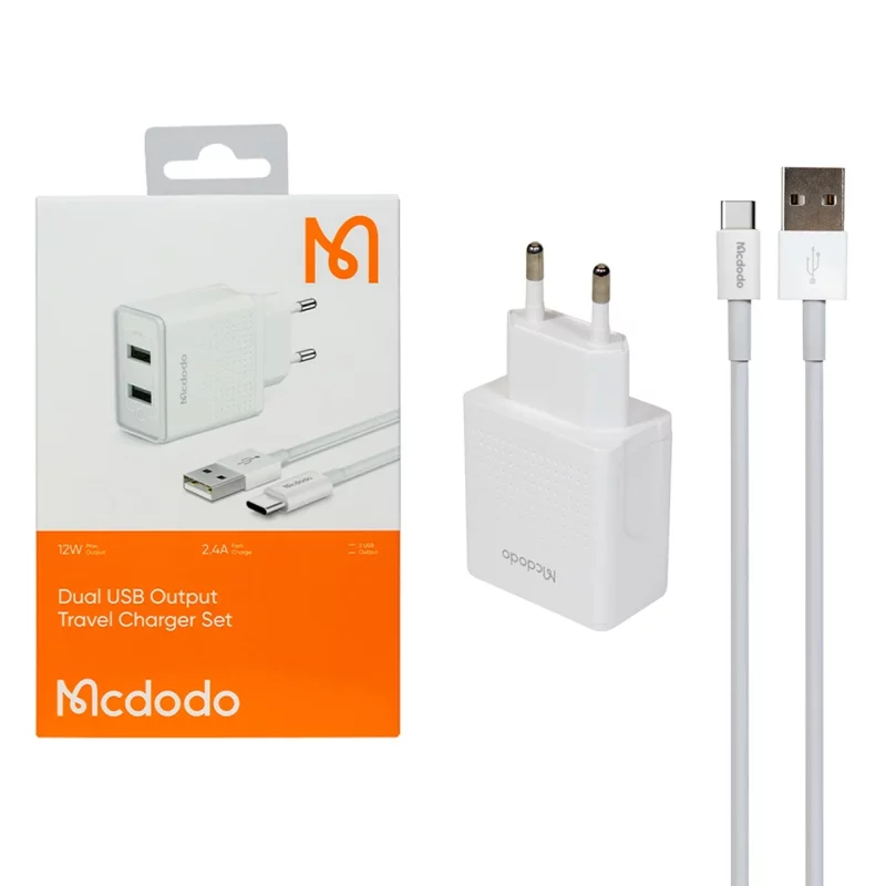 شارژر دیواری فست دو پورت Mcdodo مدل CH-3972 12W به همراه کابل شارژ Type-C - سفید (گارانتی متین) - تصویر 2