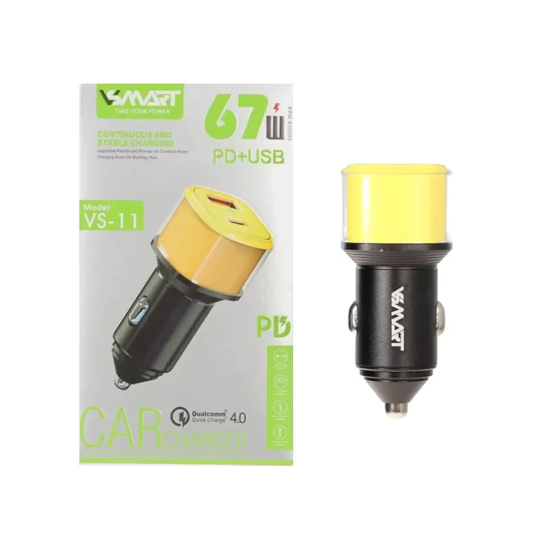 شارژر فندکی PD و فست دو پورت V-Smart مدل VS-11 67W - زرد - BSA - تصویر 2