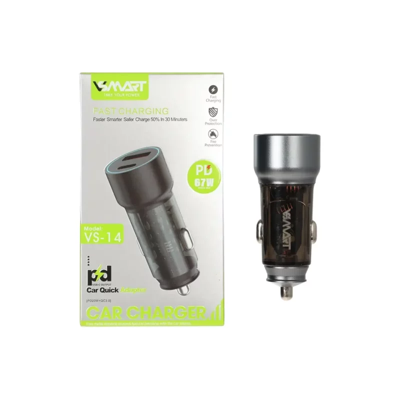 شارژر فندکی PD و فست دو پورت V-Smart مدل VS-14 67W - نقرآبی - BSA - تصویر 2