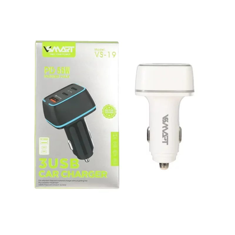 شارژر فندکی PD و فست سه پورت V-Smart مدل VS-19 55W - سفید - BSA - تصویر 2