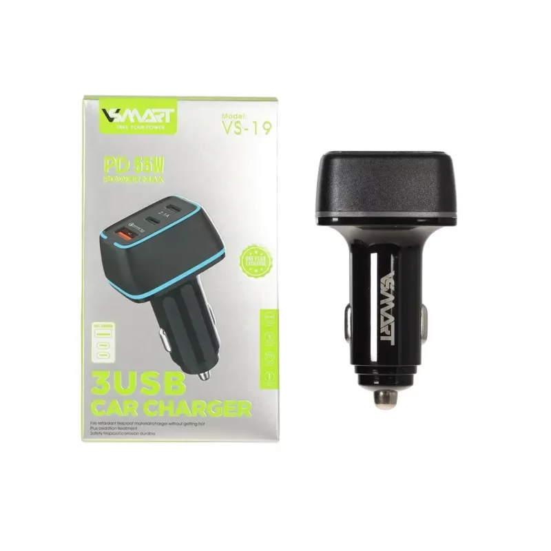 شارژر فندکی PD و فست سه پورت V-Smart مدل VS-19 55W - مشکی - BSA - تصویر 2