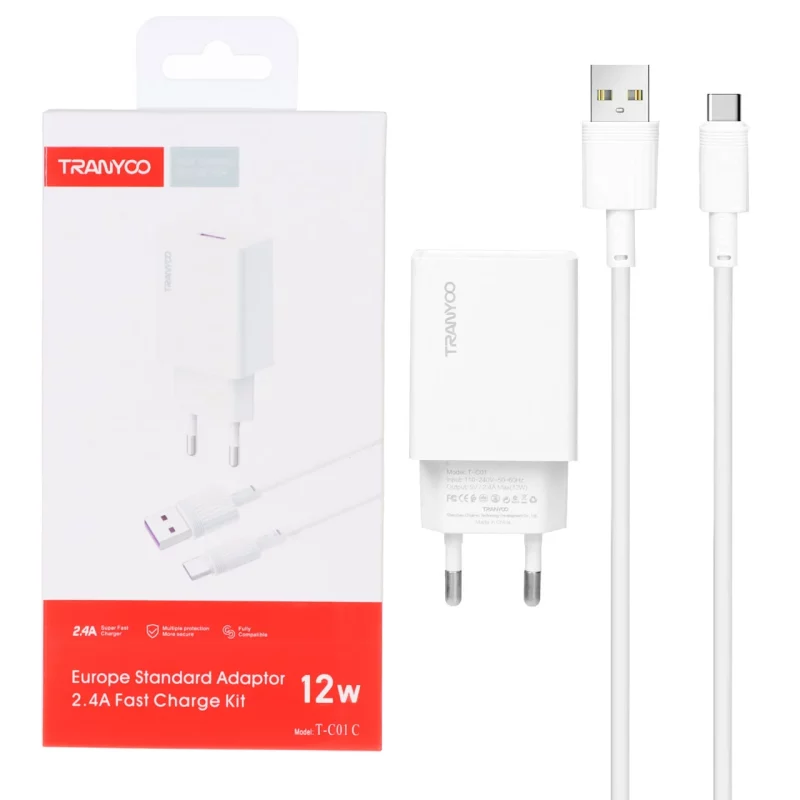 شارژر دیواری 12W فست تک پورت TRANYOO مدل T-C01 به همراه کابل شارژ Type-C - سفید - تصویر 2