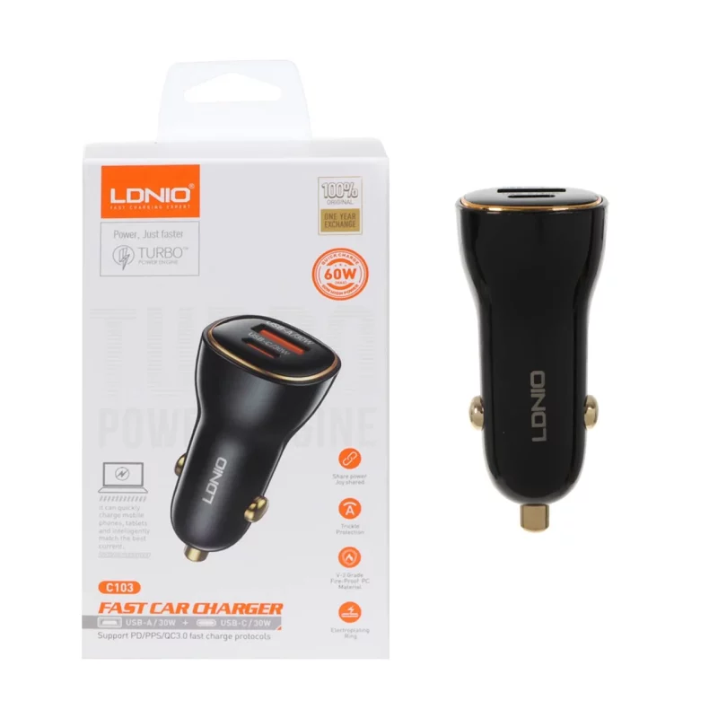 شارژر فندکی فست و PD دو پورت LDNIO مدل C103 60W به همراه کابل شارژ Type-C TO Type-C - مشکی (اصلی) - تصویر 2