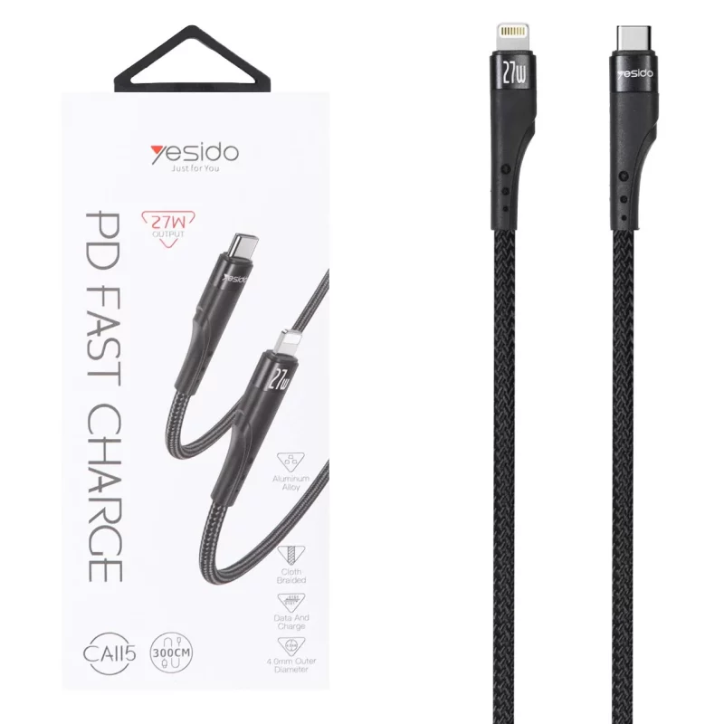 کابل شارژ 3 متری PD و فست Yesido Type-C To Lightning مدل CA115 27W - مشکی (گارانتی 18 ماه تعویض نیکان همراه) - تصویر 2