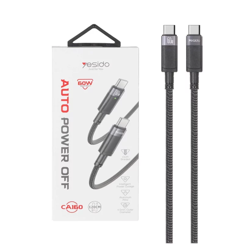 کابل شارژ 1.2 متری PD و فست Yesido Type-C To Type-C مدل CA160 60W - مشکی (گارانتی 18 ماه تعویض نیکان همراه) - تصویر 2