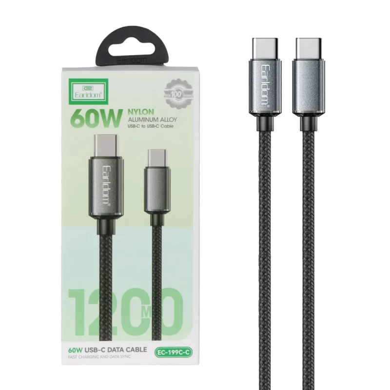 کابل شارژ و دیتا PD و فست کنفی 1.2 متری Earldom Type-C To Type-C مدل EC-199C-C 60W - مشکی - تصویر 2