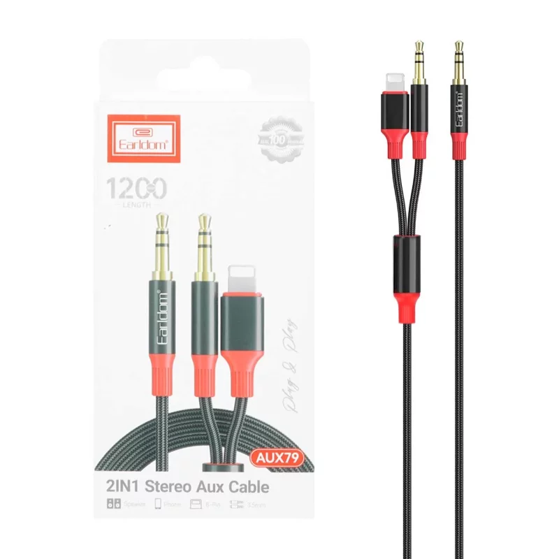 کابل 1.2 متری Earldom Aux To Aux & Lightning مدل Aux79 - مشکی - تصویر 2