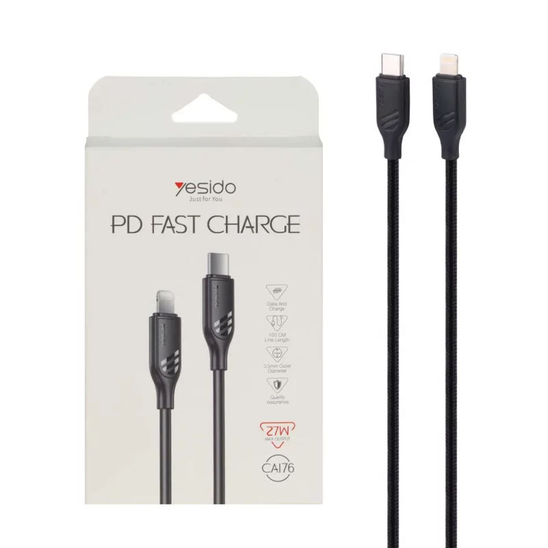 کابل شارژ فست Yesido Type-C to Lightning مدل CA176 27W - مشکی (گارانتی 18 ماه تعویض نیکان همراه) - تصویر 2