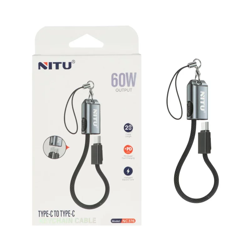 کابل شارژ فست 20 سانتی Nitu Type-C To Type-C و جاسوئیچی مدل NC376 60W - مشکی (گارانتی 18 ماه تعویض نیکان همراه) - تصویر 2