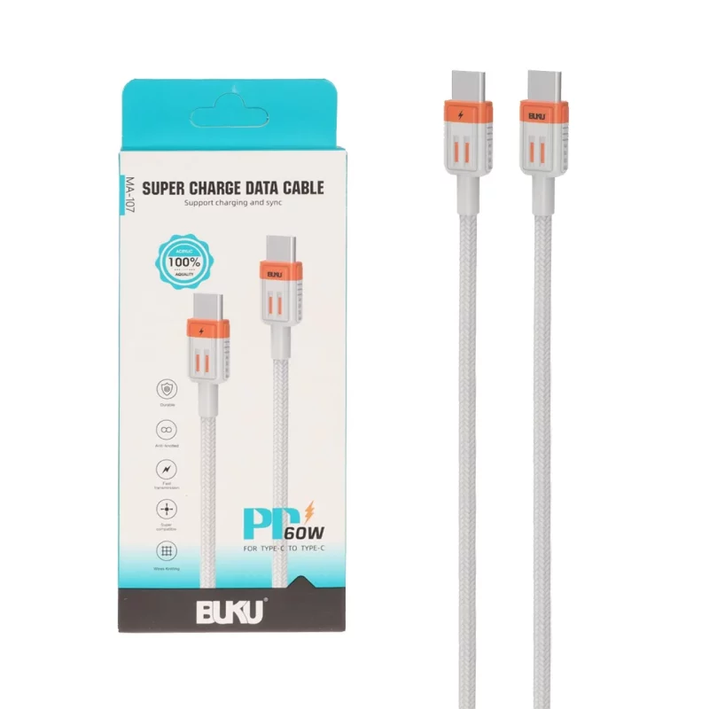 کابل شارژ PD و فست BUKU Type-C To Type-C مدل MA-107 60W - طوسی - MMS (گارانتی شش ماهه YA) - تصویر 2