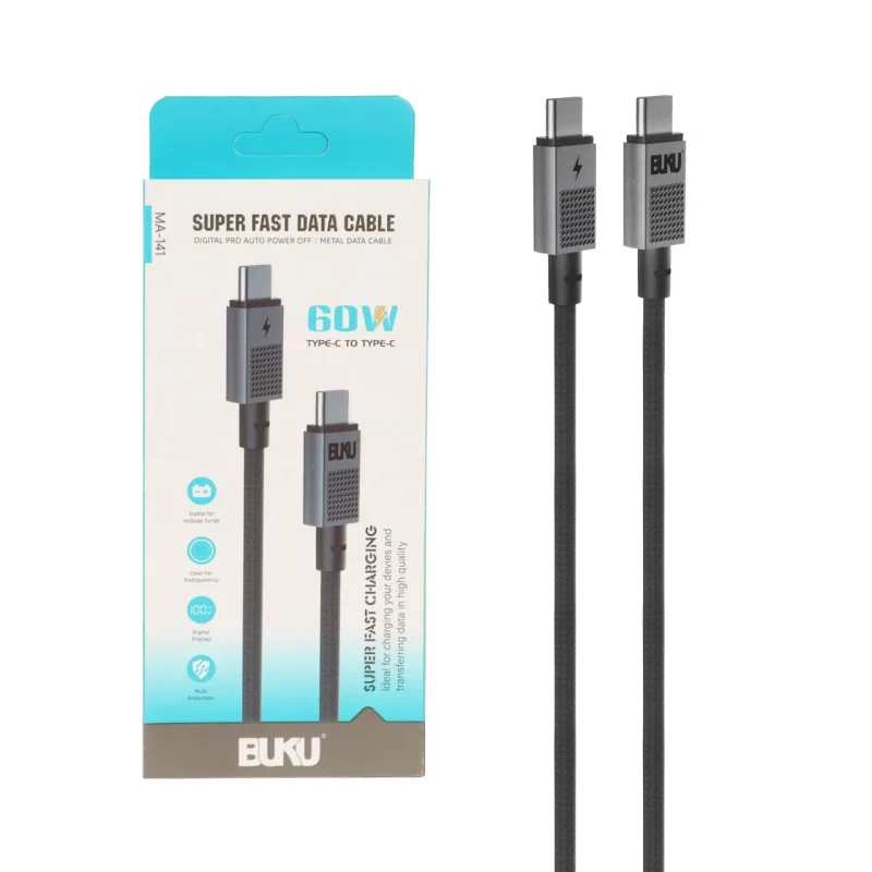 کابل شارژ PD و فست BUKU Type-C To Type-C مدل MA-141 60W - مشکی - MMS (گارانتی شش ماهه YA) - تصویر 2