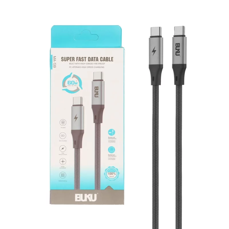 کابل شارژ PD و فست BUKU Type-C To Type-C مدل MA-139 60W - مشکی - MMS (گارانتی شش ماهه YA) - تصویر 2