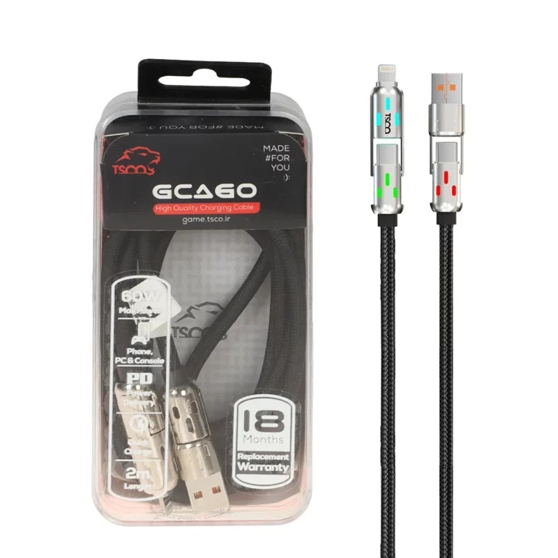 کابل شارژ PD و فست چهارکاره 2 متری TSCO مدل GCA60 60W - مشکی (گارانتی 18 ماهه تسکو) - تصویر 2