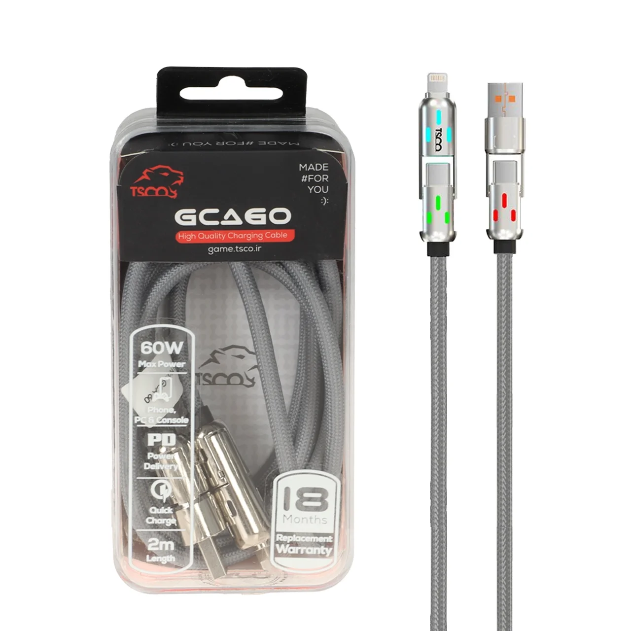 1587-1731404-1 کابل شارژ PD و فست چهارکاره 2 متری TSCO مدل GCA60 60W - طوسی (گارانتی 18 ماهه تسکو) - تصویر 1