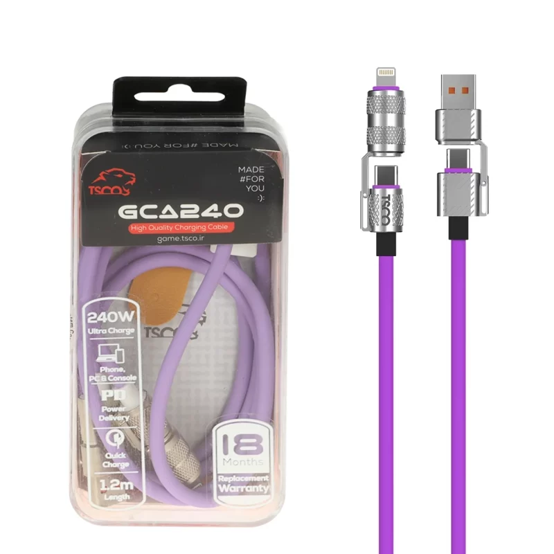 کابل شارژ PD و فست چهارکاره 1.2 متری TSCO مدل GCA240 240W - یاسی (گارانتی 18 ماهه تسکو) - تصویر 2