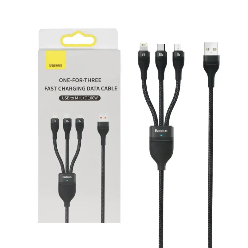 کابل شارژ فست سه کاره 1.2 متری Baseus مدل One For Three 100W - مشکی (گارانتی آونگ) - تصویر 2