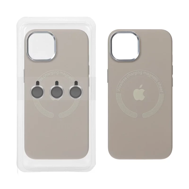 قاب سیلیکونی اورجینال Magsafe با ست محافظ لنز رینگی Apple iPhone 13 / iPhone 14 - خاکی (پک دار) - تصویر 2