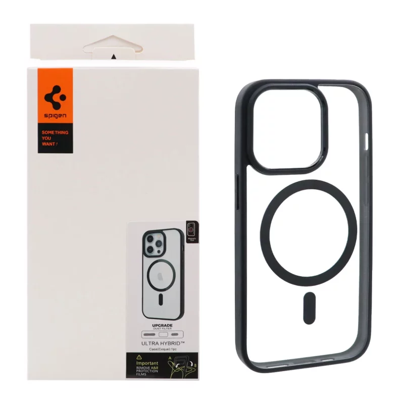 قاب اورجینال Magsafe Spigen با توری اسپیکر فلزی Apple iPhone 14 Pro - شفاف مشکی (پک دار) - تصویر 2