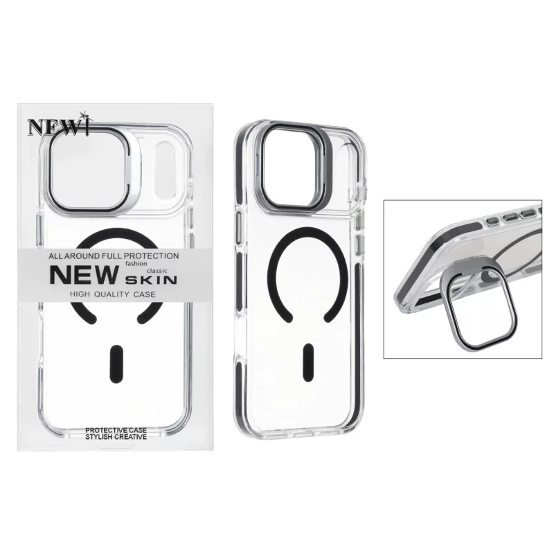 قاب اورجینال New Skin شفاف کریستالی MagSafe لنز استندشو Apple iPhone 17 Pro - مشکی (پک دار) - تصویر 2