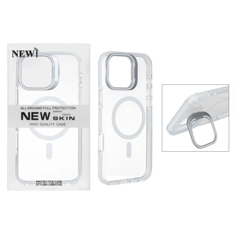 قاب اورجینال New Skin شفاف کریستالی MagSafe لنز استندشو Apple iPhone 16 Pro Max - سفید (پک دار) - تصویر 2