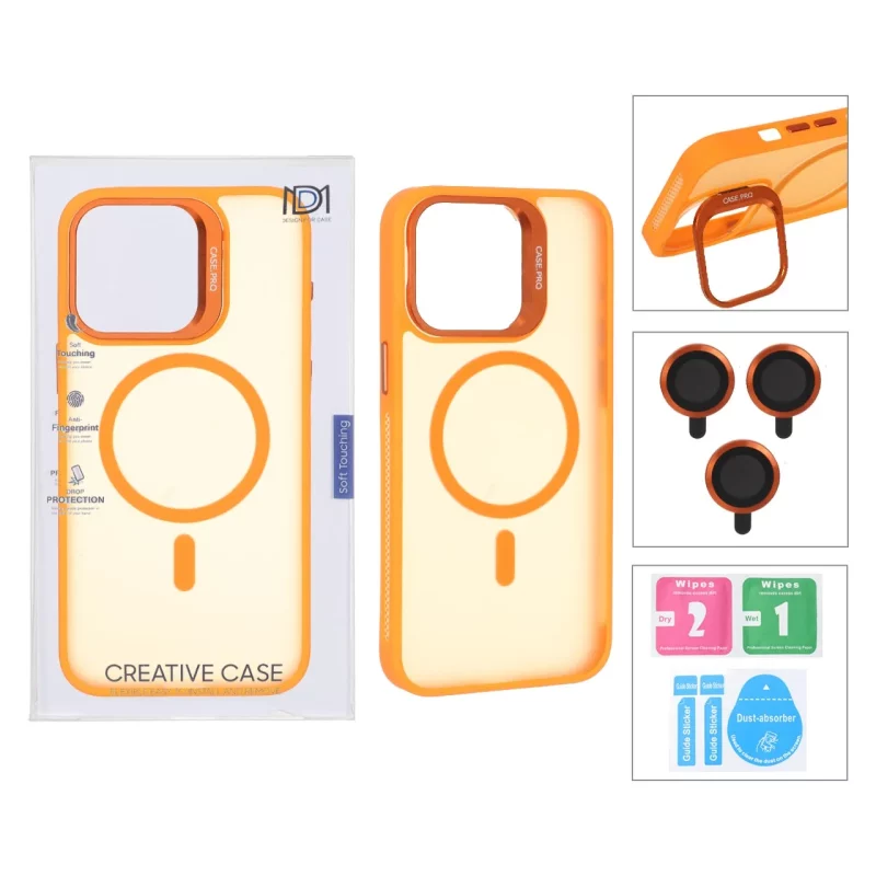 قاب Case Pro لنز آلومینیومی مات Magsafe با ست محافظ لنز رینگی مدل Apple iPhone 15 Pro Max - نارنجی (پک دار) - تصویر 2