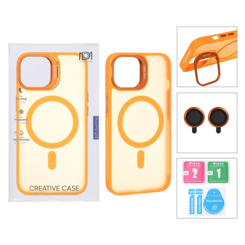 قاب Case Pro لنز آلومینیومی مات Magsafe با ست محافظ لنز رینگی مدل Apple iPhone 13 / iPhone 14 - نارنجی (پک دار) - تصویر 2