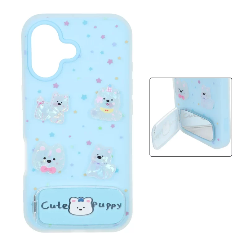 قاب Cute Puppy دولایه عروسک برجسته استندشو آینه ای Apple iPhone 16 - آبی - تصویر 2
