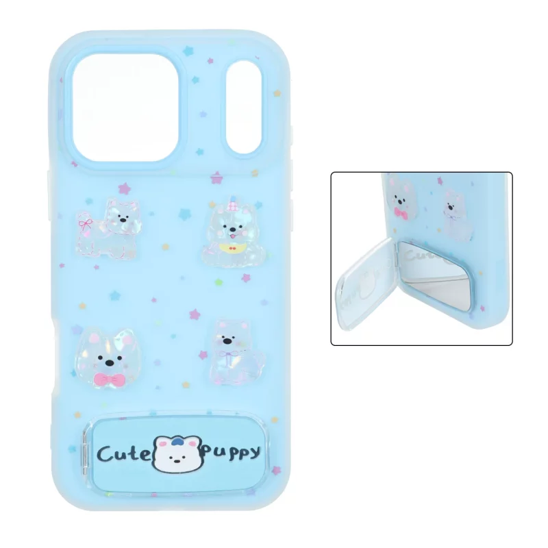 قاب Cute Puppy دولایه عروسک برجسته استندشو آینه ای Apple iPhone 17 Pro Max - آبی - تصویر 2