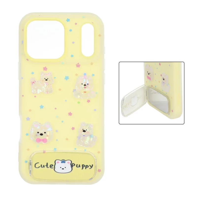 قاب Cute Puppy دولایه عروسک برجسته استندشو آینه ای Apple iPhone 17 Pro Max - زرد - تصویر 2