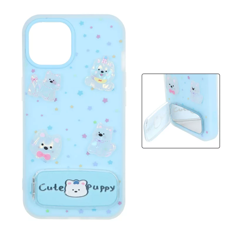 قاب Cute Puppy دولایه عروسک برجسته استندشو آینه ای Apple iPhone 13 / iPhone 14 - آبی - تصویر 2