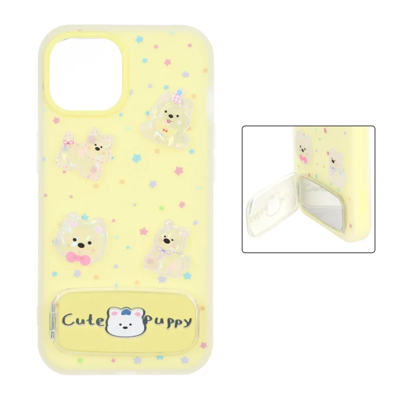 قاب Cute Puppy دولایه عروسک برجسته استندشو آینه ای Apple iPhone 13 / iPhone 14 - زرد - تصویر 2
