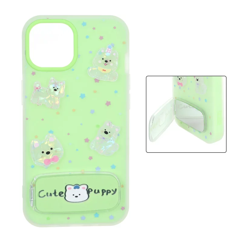 قاب Cute Puppy دولایه عروسک برجسته استندشو آینه ای Apple iPhone 13 / iPhone 14 - سبز - تصویر 2
