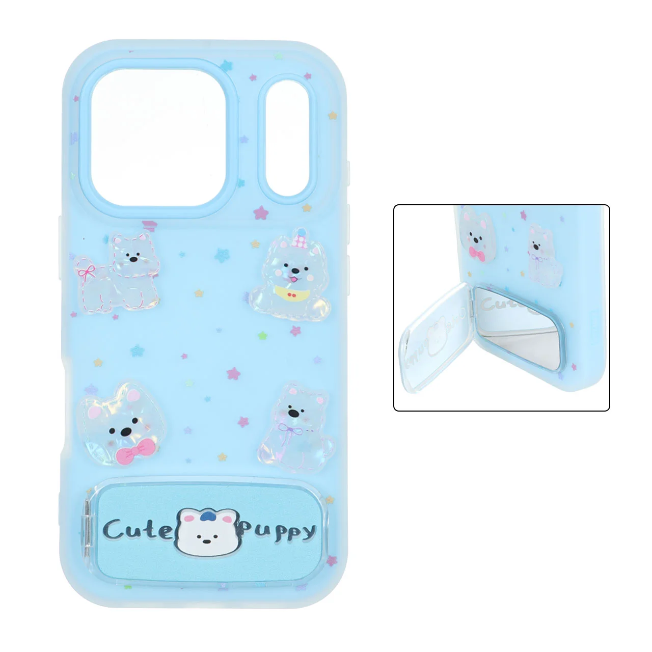 19136-1712012-1 قاب Cute Puppy دولایه عروسک برجسته استندشو آینه ای Apple iPhone 17 Pro - آبی - تصویر 1