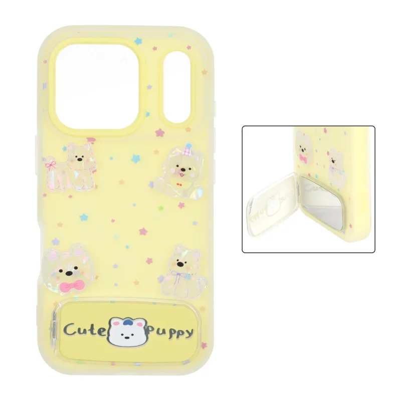 قاب Cute Puppy دولایه عروسک برجسته استندشو آینه ای Apple iPhone 17 Pro - زرد - تصویر 2