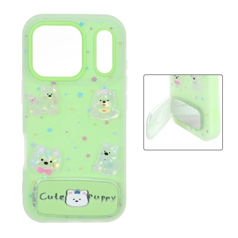 قاب Cute Puppy دولایه عروسک برجسته استندشو آینه ای Apple iPhone 17 Pro - سبز - تصویر 2