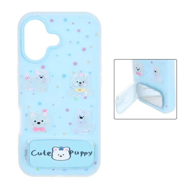 قاب Cute Puppy دولایه عروسک برجسته استندشو آینه ای Apple iPhone 17 - آبی - تصویر 2
