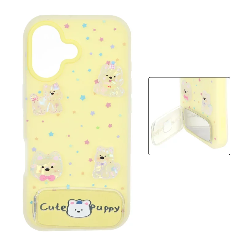 قاب Cute Puppy دولایه عروسک برجسته استندشو آینه ای Apple iPhone 17 - زرد - تصویر 2
