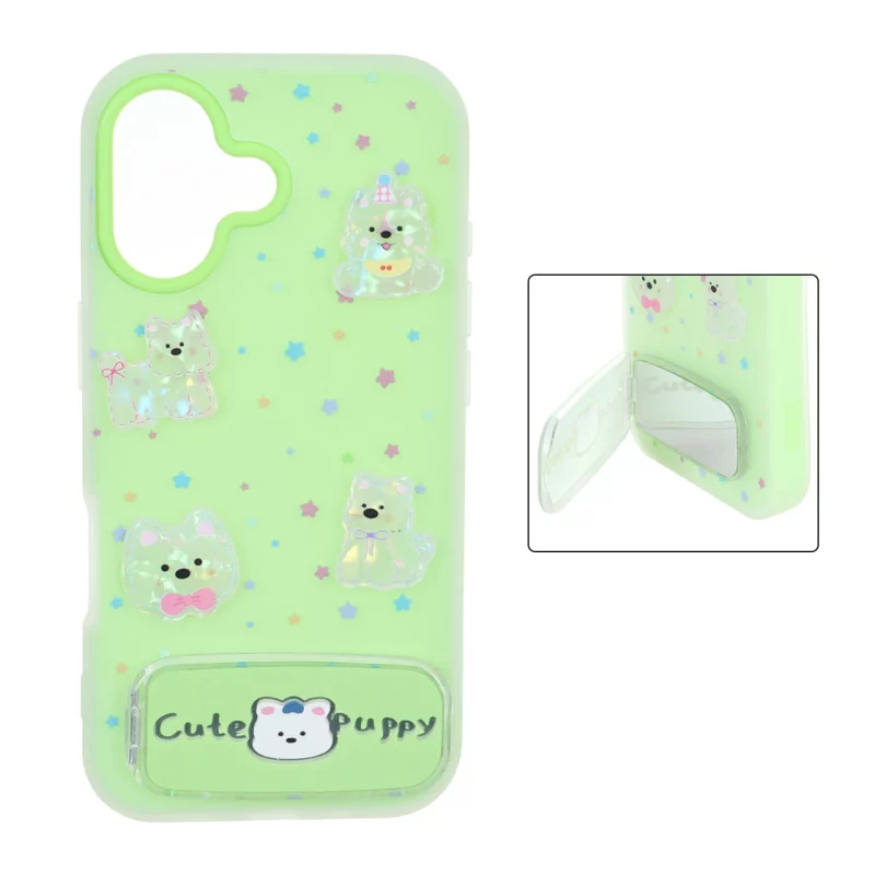 قاب Cute Puppy دولایه عروسک برجسته استندشو آینه ای Apple iPhone 17 - سبز - تصویر 2