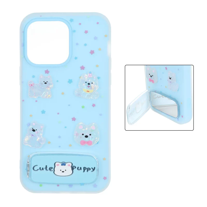 قاب Cute Puppy دولایه عروسک برجسته استندشو آینه ای Apple iPhone 14 Pro Max - آبی - تصویر 2