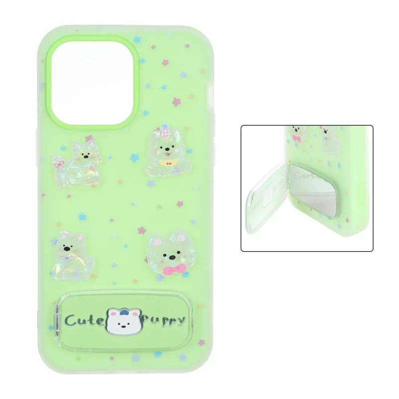 قاب Cute Puppy دولایه عروسک برجسته استندشو آینه ای Apple iPhone 14 Pro Max - سبز - تصویر 2
