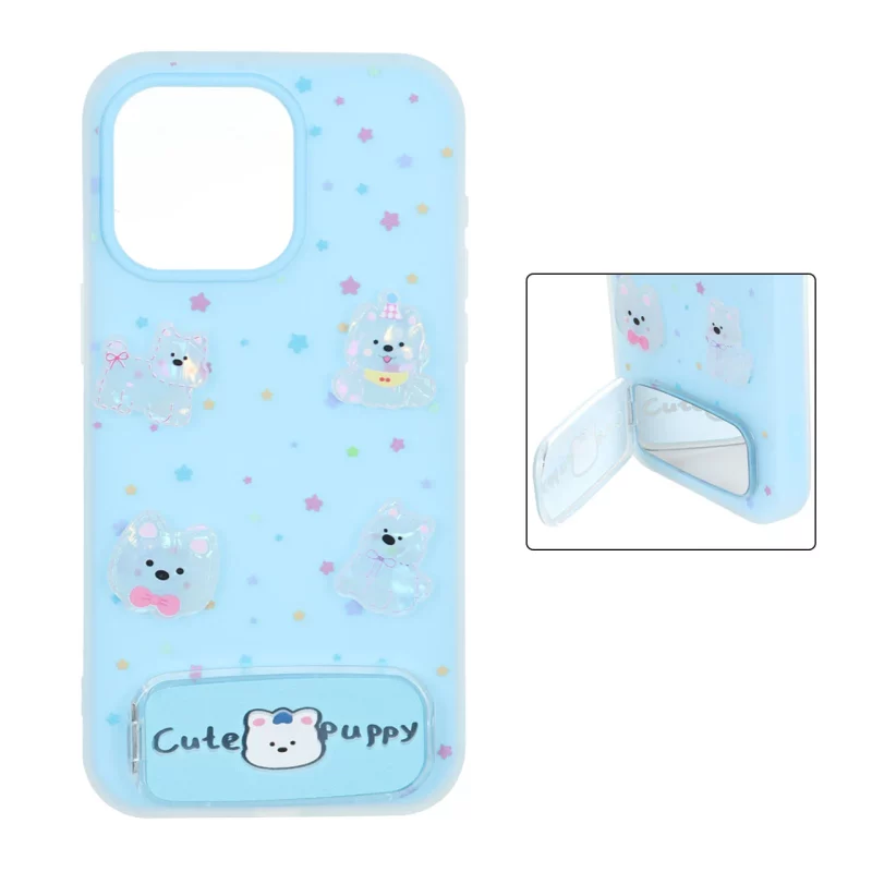 قاب Cute Puppy دولایه عروسک برجسته استندشو آینه ای Apple iPhone 15 Pro Max - آبی - تصویر 2