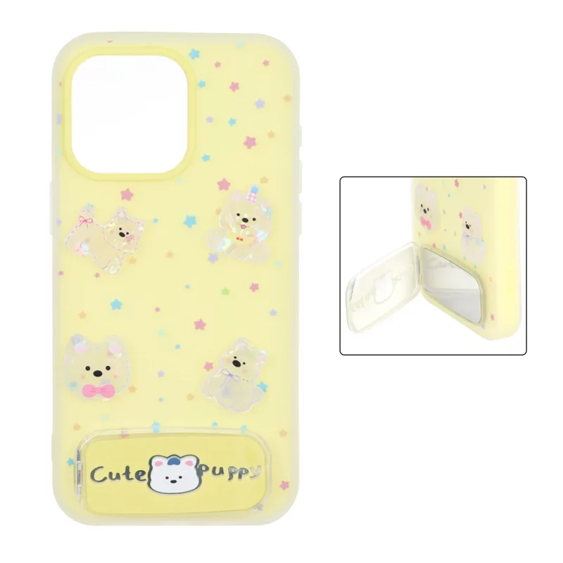 قاب Cute Puppy دولایه عروسک برجسته استندشو آینه ای Apple iPhone 15 Pro Max - زرد - تصویر 2