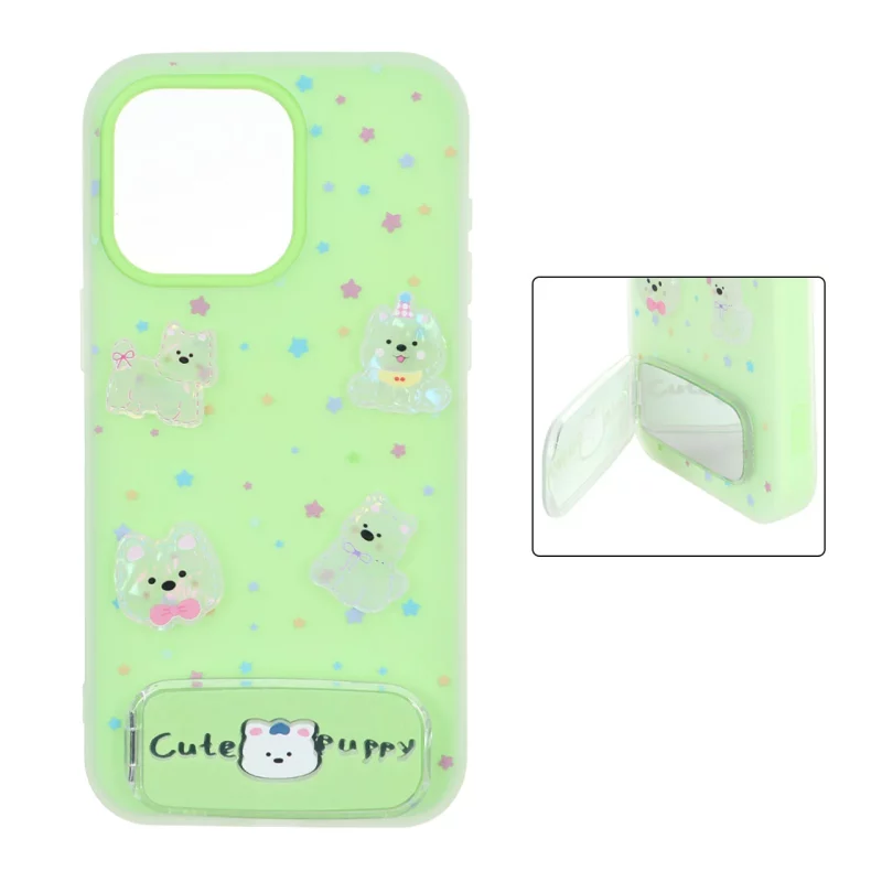 قاب Cute Puppy دولایه عروسک برجسته استندشو آینه ای Apple iPhone 15 Pro Max - سبز - تصویر 2