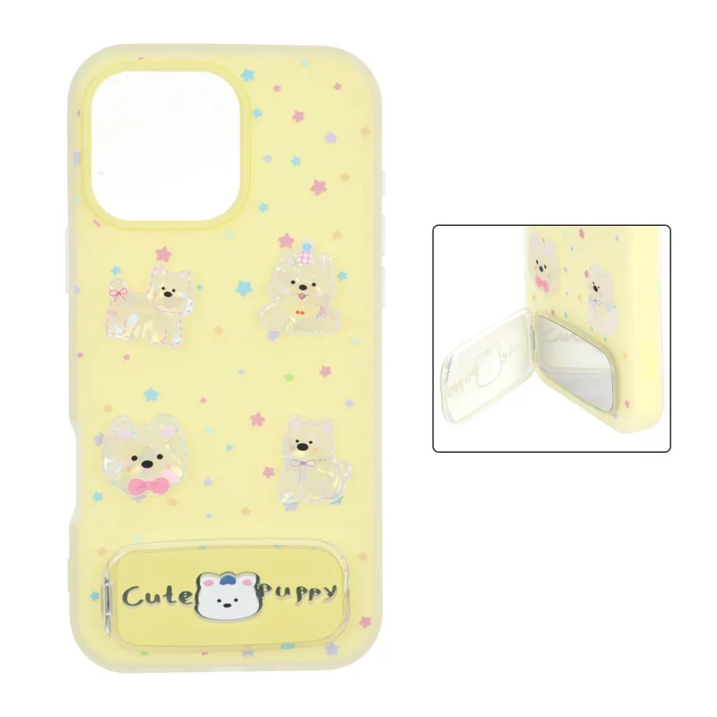 قاب Cute Puppy دولایه عروسک برجسته استندشو آینه ای Apple iPhone 16 Pro Max - زرد - تصویر 2