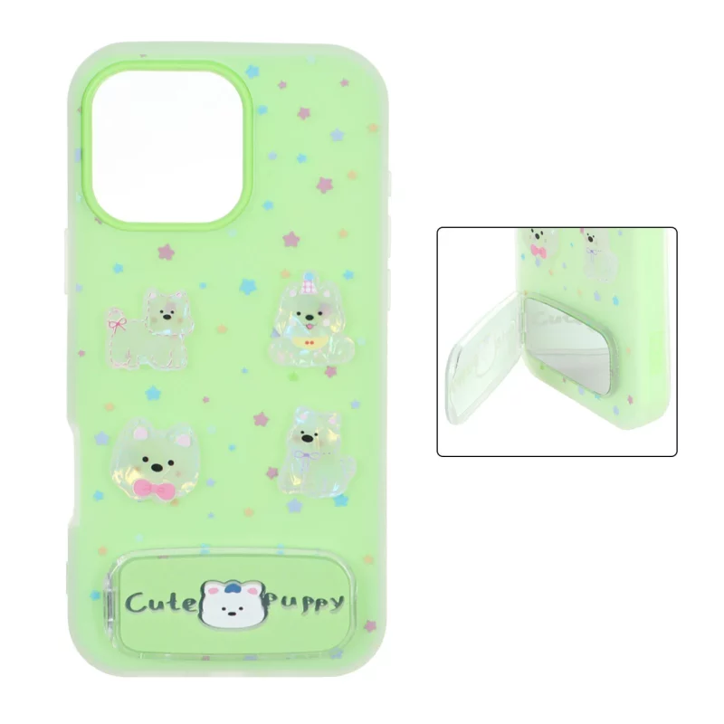قاب Cute Puppy دولایه عروسک برجسته استندشو آینه ای Apple iPhone 16 Pro Max - سبز - تصویر 2