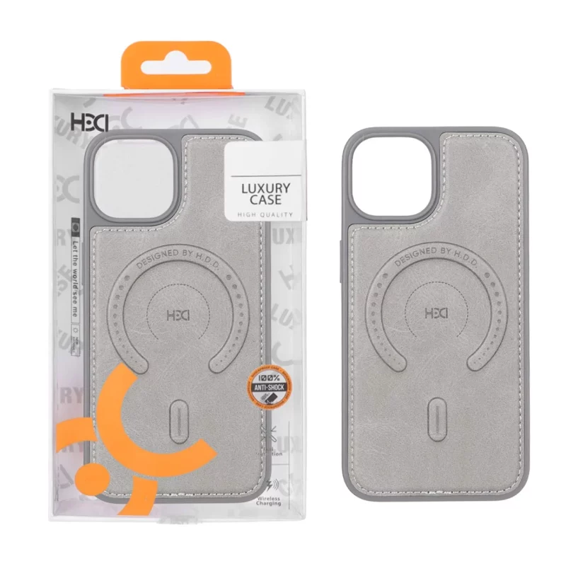 قاب اورجینال HDD چرمی MagSafe دور دوخت Apple iPhone 13 / iPhone 14 - طوسی (پک دار) - تصویر 2
